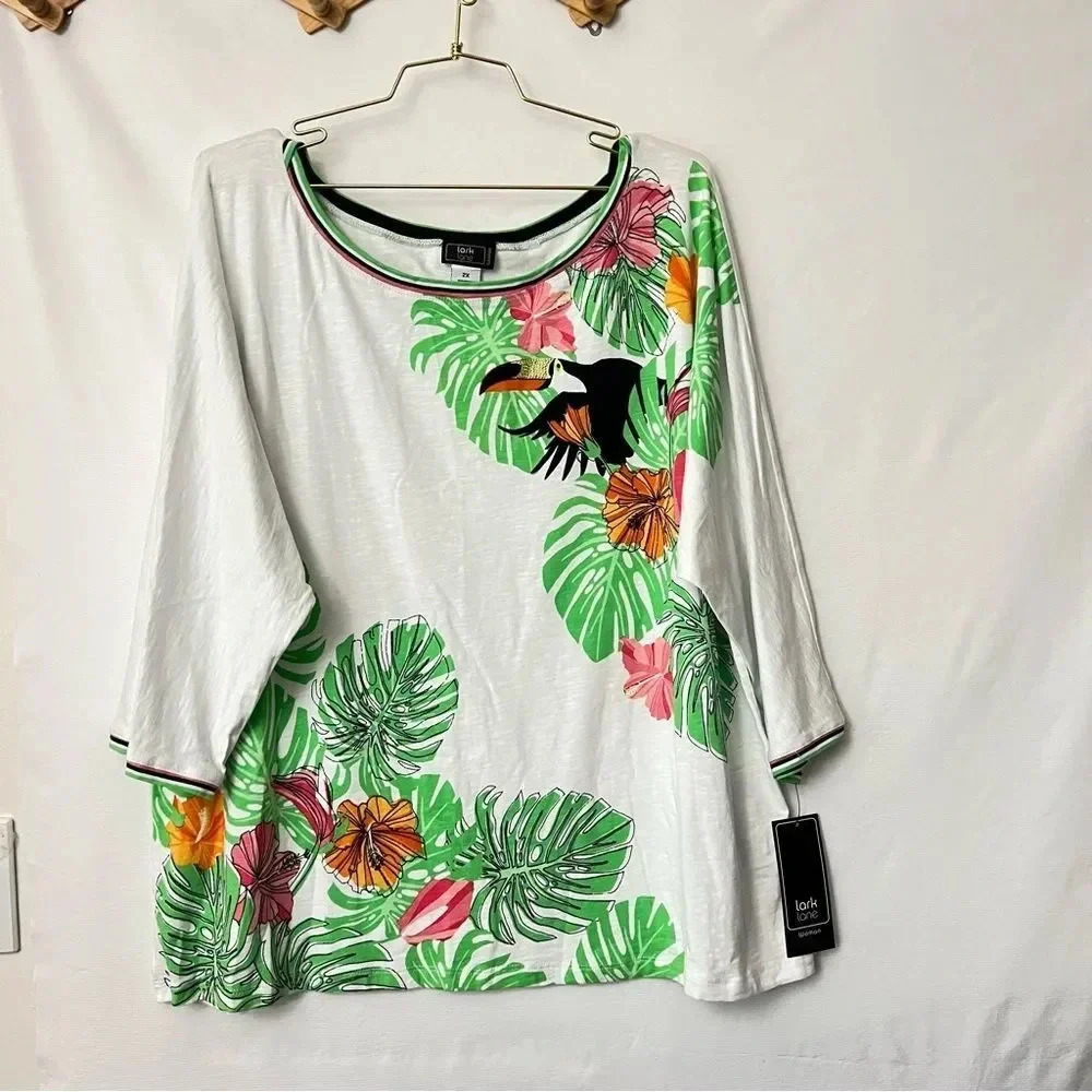 Lark Lane Woman 2X Hawaiian Floral Blouse Top 3/4 Sleeve Cotton Blend Toucan